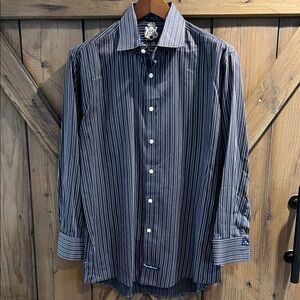 English Laundry Navy Stripe French Cufflinks Cotton Long Sleeve Dress Shirt L